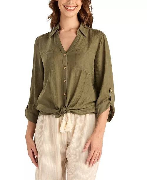 BCX Texture Gauze Collared Button‑Front Top Olive L NWT $39