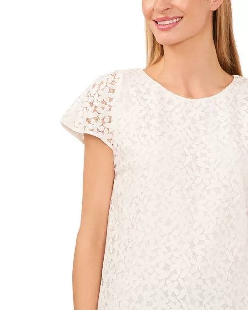 CeCe Crewneck Flutter Sleeve Lace Top White Short Sleeve Lined Size XS NWT $69