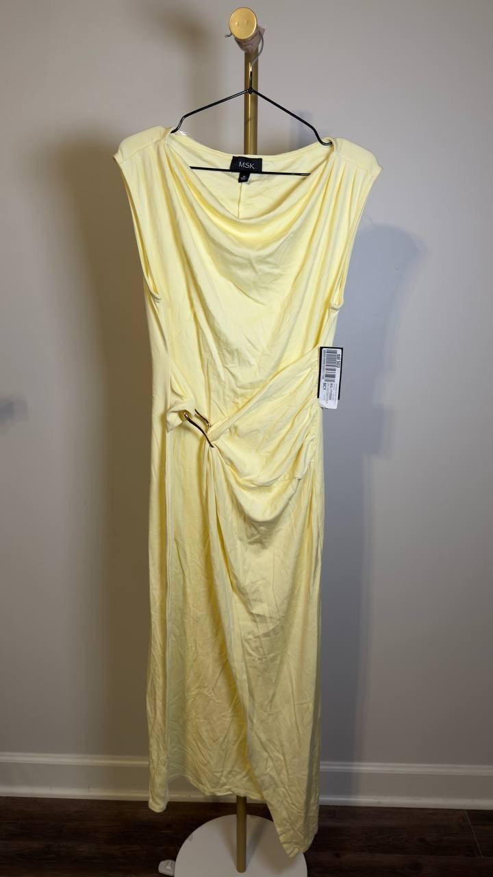 MSK Sleeveless Boat Neck Ponte Knot Wrap Midi Dress Pastel Yellow M NWT $89