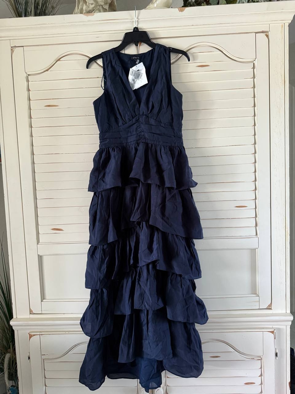 1.STATE Indigo Night Maxi Dress, V-Neck, Cascading Ruffle, Size 4, Sleeveless