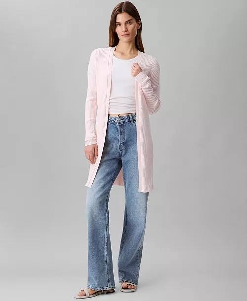 Calvin Klein Cotton Ribbed Open‑Front Duster Cardigan Pearl M NWT $99
