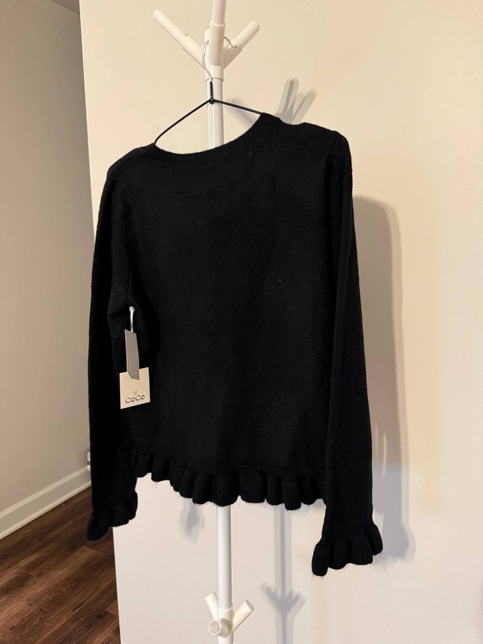 CeCe Ruffle‑Edge Long‑Sleeve Cardigan – Black – Size M – NWT – $89
