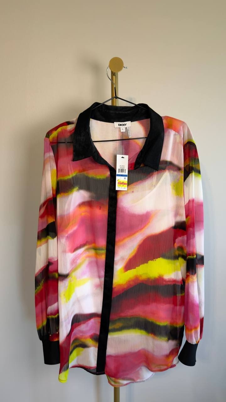 DKNY Crinkled Chiffon Abstract‑Print Blouse XL NWT $89