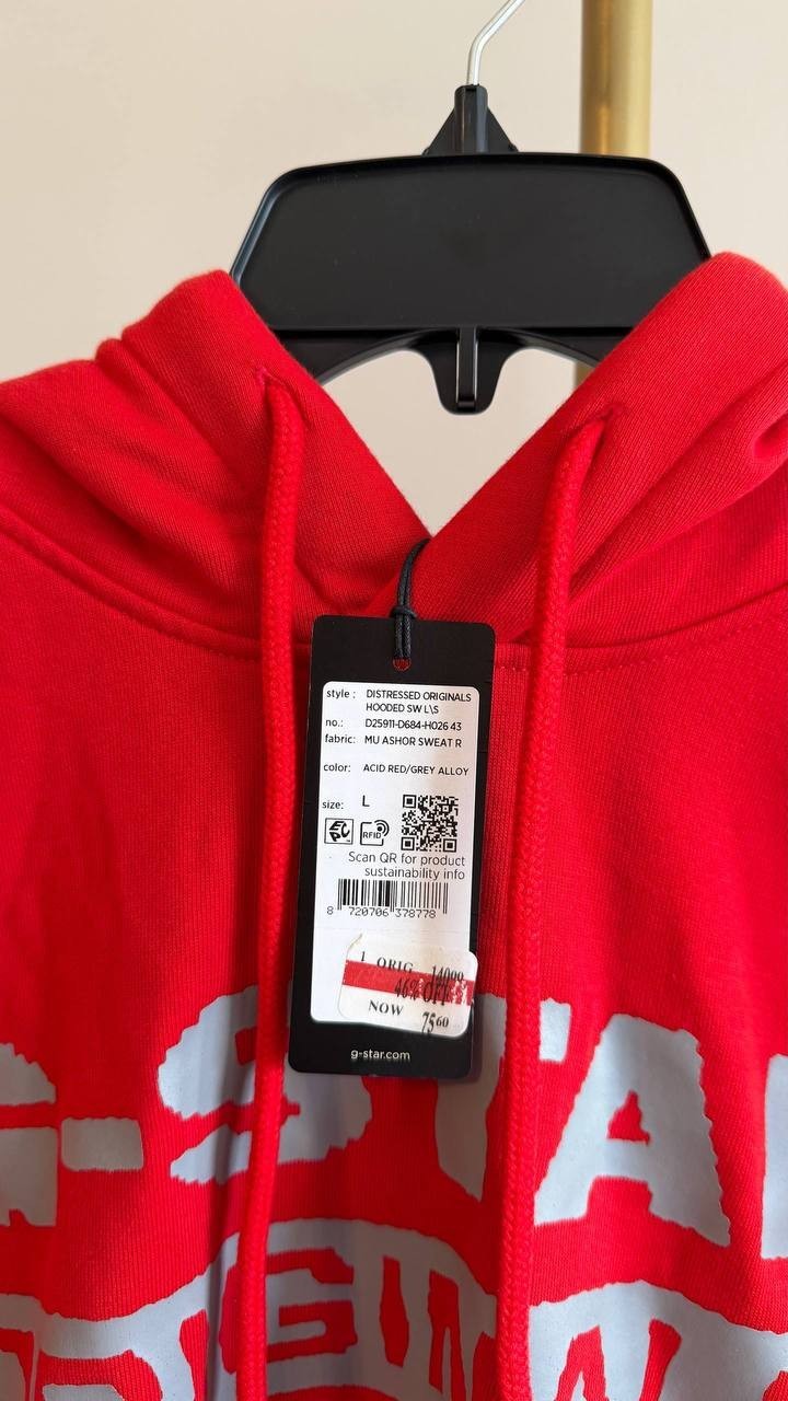 G‑Star RAW Men’s Distressed Originals Logo Fleece Hoodie Red L $140 NWT