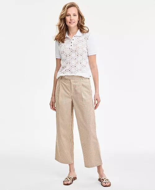 Tommy Hilfiger Striped Cropped Cotton Pants Womens Tannin Multi Size 12 NWT