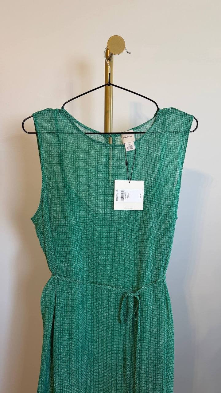 Calvin Klein Sleeveless Printed Chiffon Midi Dress Green Belted Lined Size L NWT