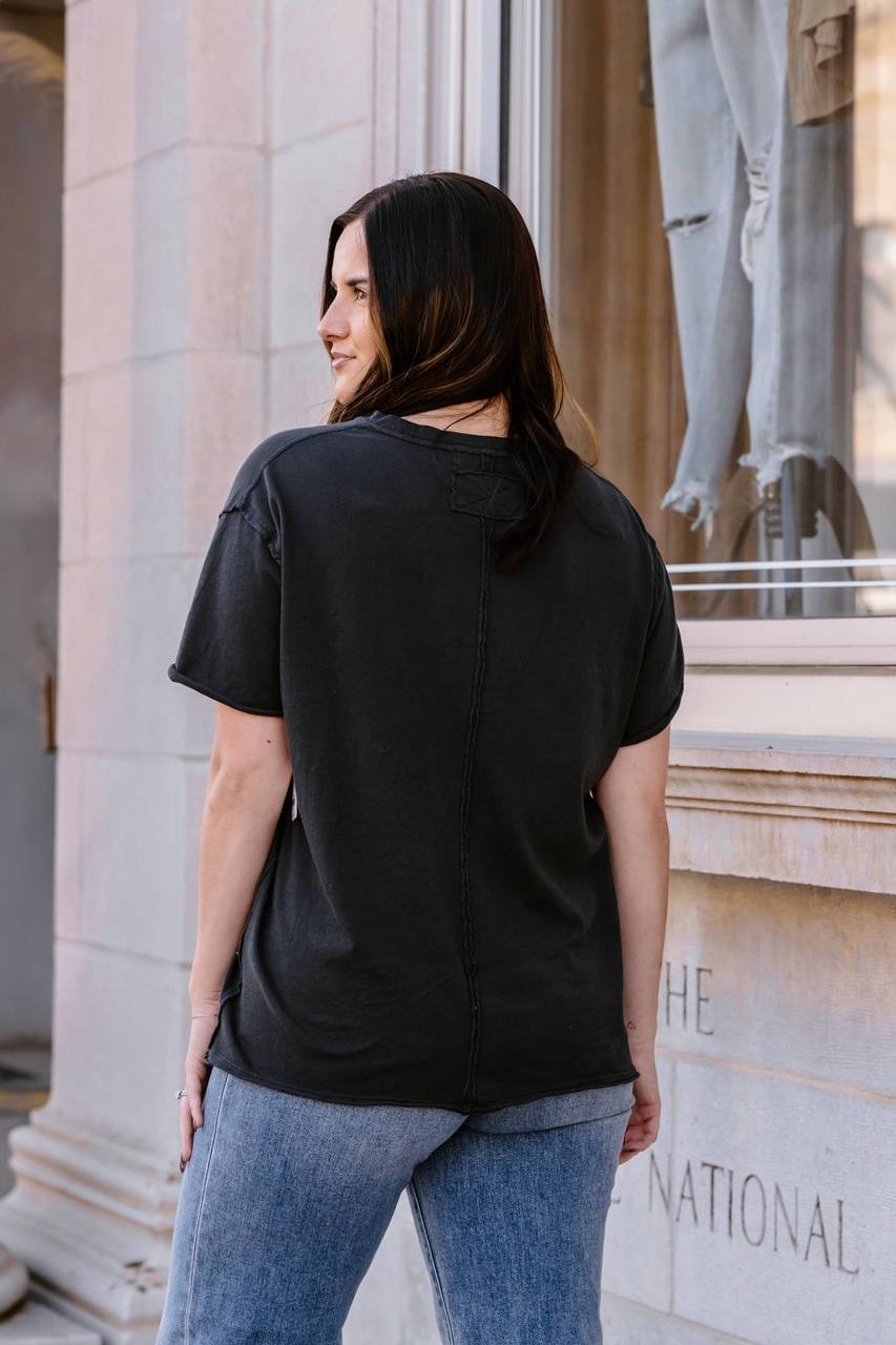 We The Free Nina Tee L Black Boxy Fit Raw Edge Cotton T-Shirt