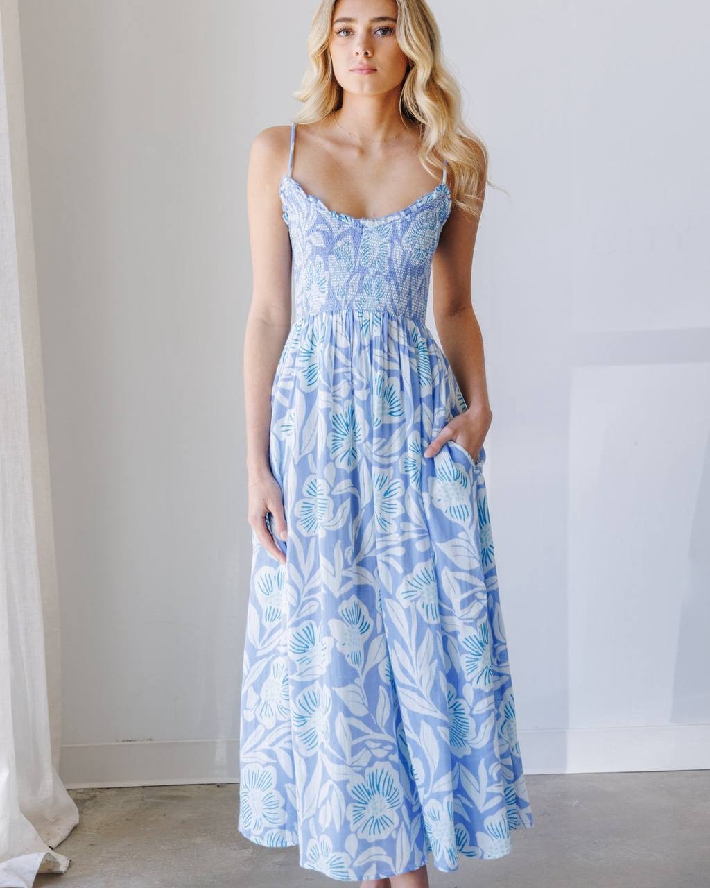 Free People Sweet Nothings Midi Dress Blue Vista XS NWT Smocked Bodice