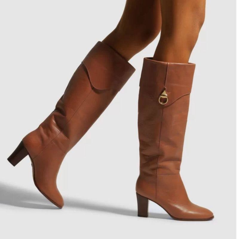 Arezzo Brown Leather Knee-High Boots 9.5B Gold Bit Detail, New with Box