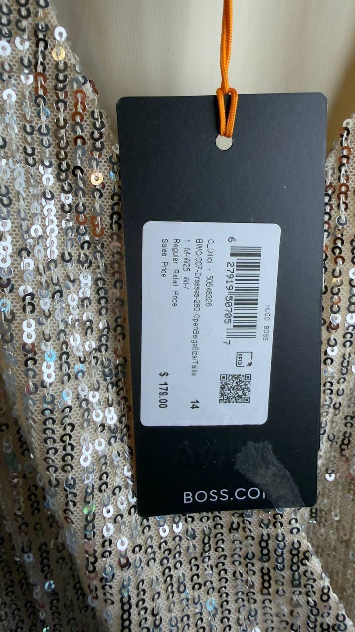 BOSS Orange Sequin Blouson-Sleeve Dress Open Beige 14 NWT $179