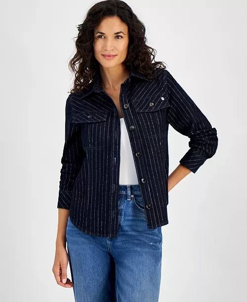 Tommy Hilfiger Denim Shine Shacket Indigo Striped, M, NWT, Button Front