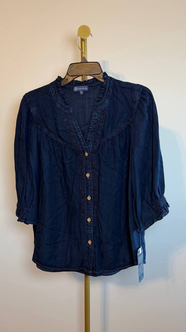 Democracy Crochet Trim Ruffle Button‑Front Shirt Navy M NWT $84