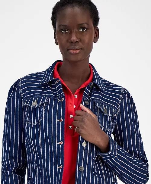 Nautica Jeans Striped Denim Puff‑Shoulder Jacket –Blue– XS – NWT – $109.50