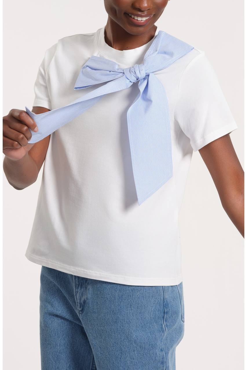Isaac Mizrahi Striped Bow Stretch Cotton T‑Shirt White/Blue M NWT $84