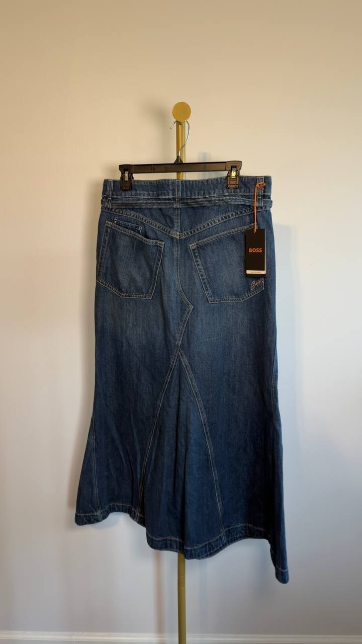 BOSS Blue Denim Flared Midi Skirt Dark Blue 32 NWT $149