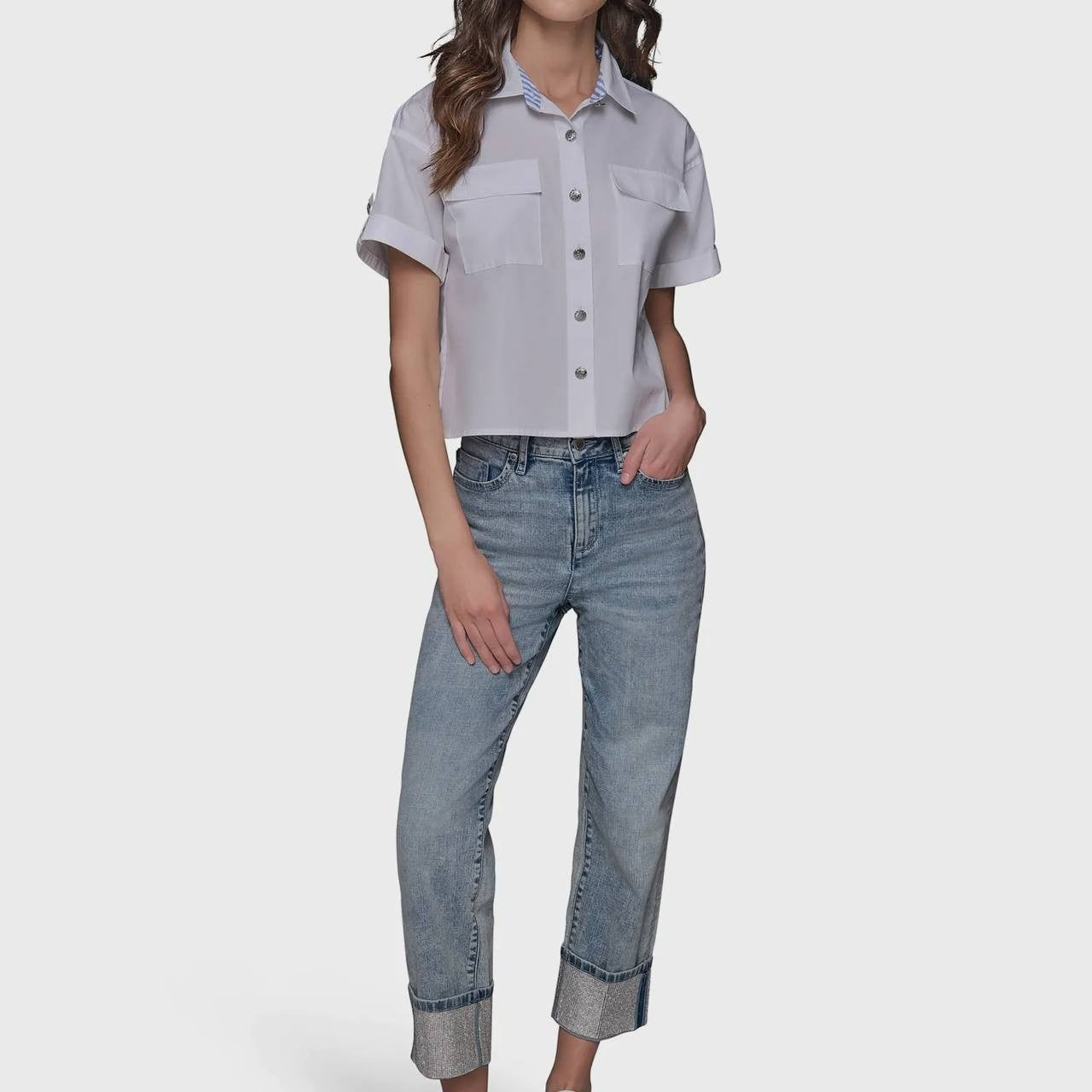Karl Lagerfeld Paris Poplin Button Front Top White Pockets Size M NWT $89