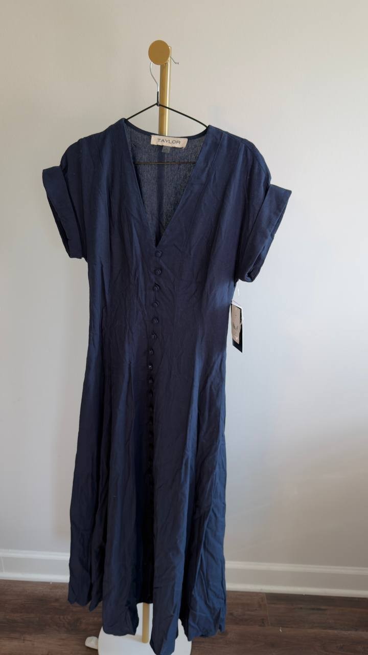 Taylor Button‑Front A‑Line V‑Neck Long Dress Navy 8 NWT $129