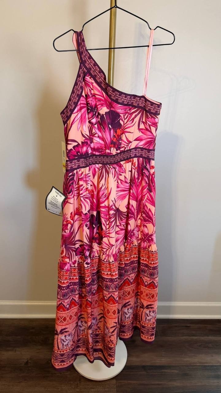 Eliza J Mixed-Print One-Shoulder Tiered Midi Dress Multicolor 8 $158 NWT