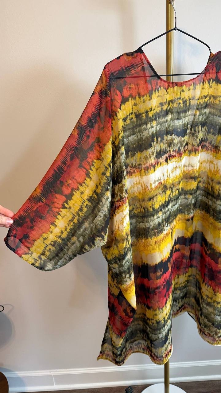 Anne Klein Tie-Dyed Tie-Neck Kimono Red/Yellow 1SZ NWT $89