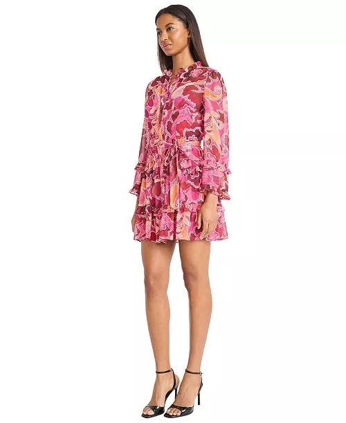 Donna Morgan Long-Sleeve A-Line Dress Pink/Red 12 NWT $139