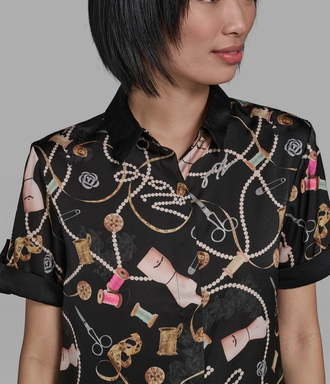 Karl Lagerfeld Paris Satin Print Camp Shirt Black L NWT $99