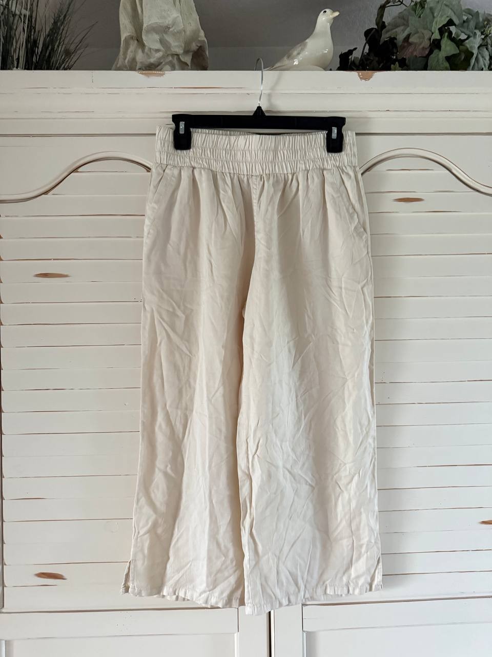 DKNY Petite Beige Garment-Dyed Wide-Leg Ankle Pant, Pull-On, Tencel, PS