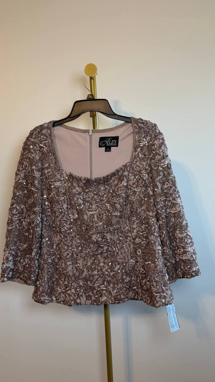 Alex Evenings Petite Lace Square‑Neck 3/4‑Sleeve Top Mink XL NWT $139