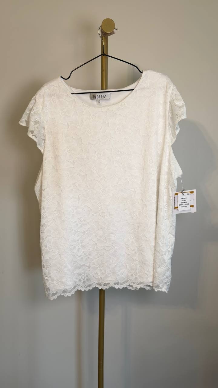 Kasper Plus Size Stretch Lace Flutter-Sleeve Top Lily White 3X NWT $69