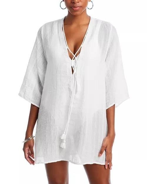 Robin Piccone Natalie Front-Tie Tunic Swim Cover-Up, White, Size S Women