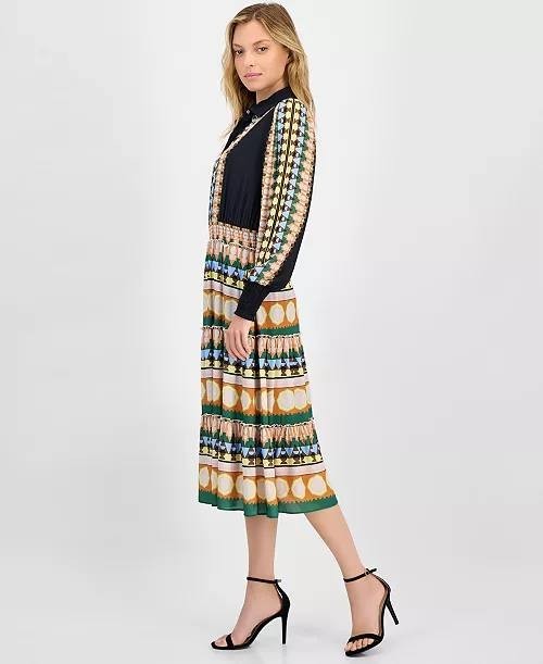 Tahari Dress L Multicolor Smocked Waist Printed Midi Half-Placket NWT $148