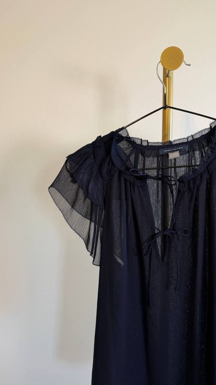 Tommy Hilfiger Split‑Neck Flutter‑Sleeve Blouse Midnight S $79 NWT