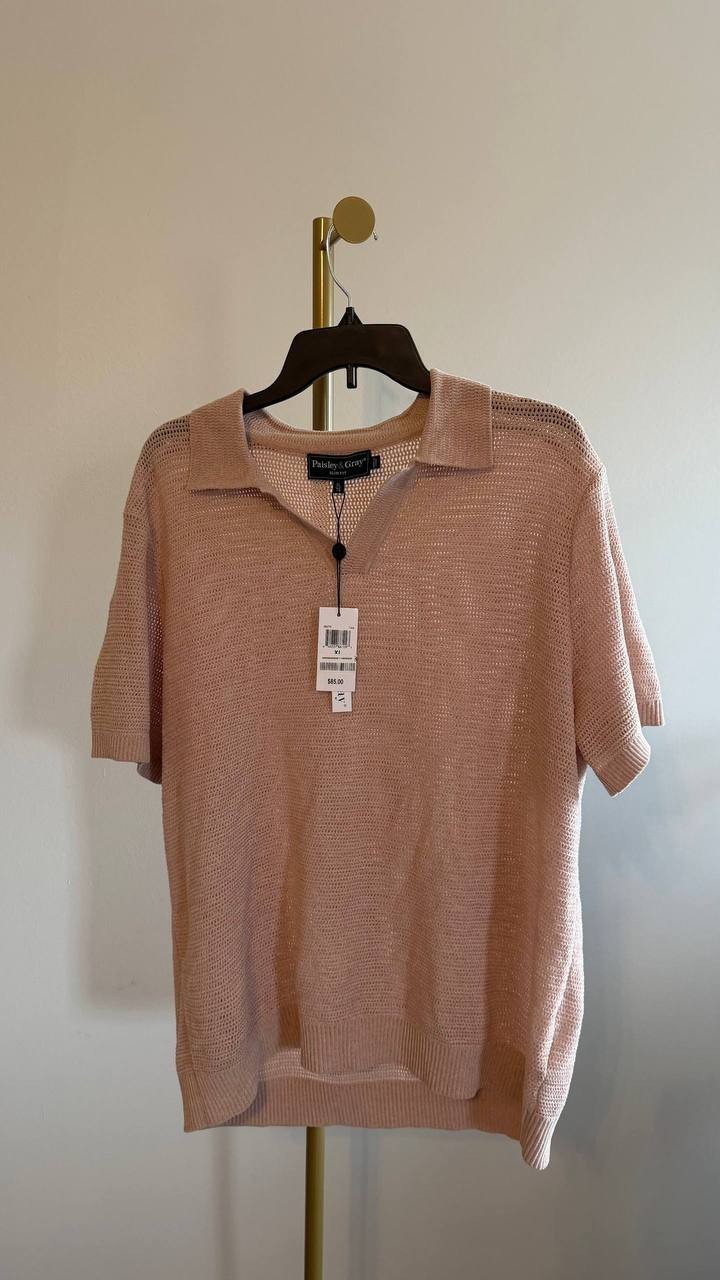Paisley & Gray Men’s Slim‑Fit Open‑Collar Knit Polo Sweater Tan XL/TG $85 NWT