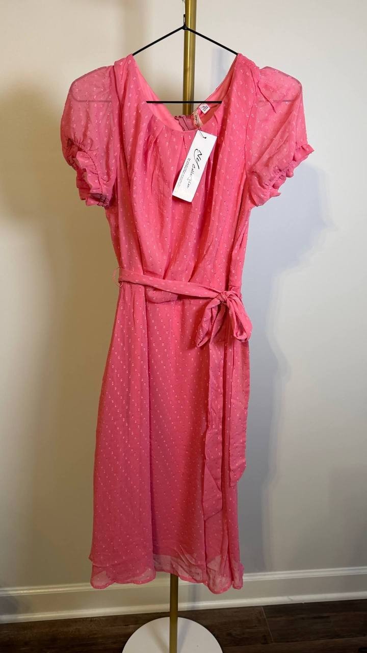 NY Collection Petite Swiss Dot Belted Dress Coral PL $40.99 NWT