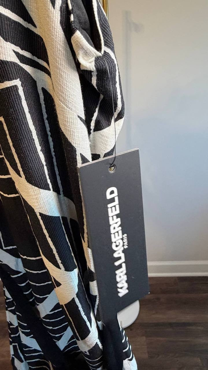 Karl Lagerfeld Paris Geo‑Print Belted V‑Neck Midi Dress Black/White XS NWT $159