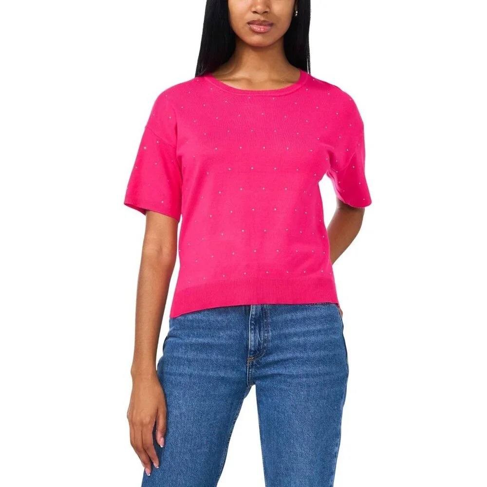 Sam & Jess Short‑Sleeve Embellished Sweater Electric Pink XS NWT $59