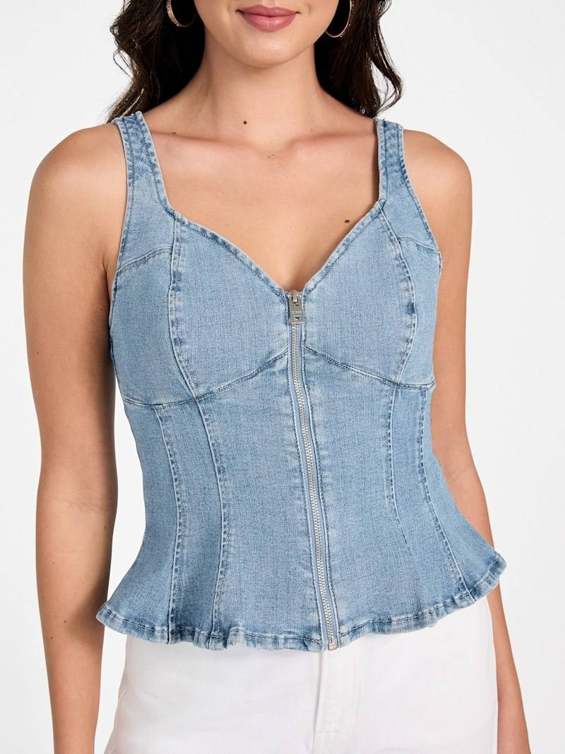 GUESS Anika Denim Peplum Top - Blue, XL, NWT, Sweetheart Neck, Front Zip