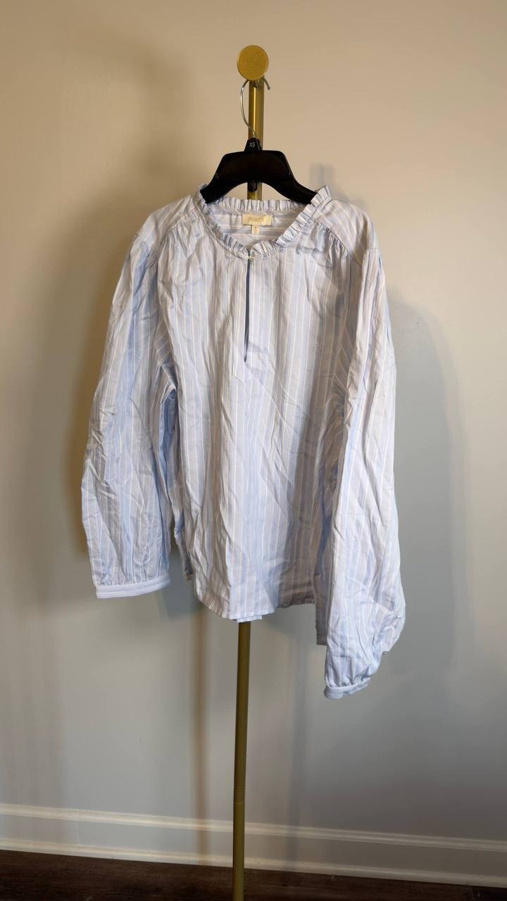 Parker Striped Ruffle‑Neck Long Sleeve Blouse Light Blue XL NWOT $188