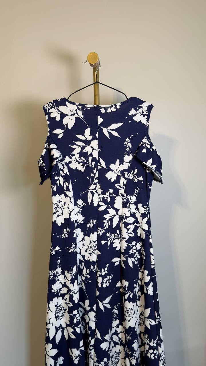 24Seven Comfort Apparel Cold Shoulder Maxi Dress Blue Multi XL NWT $117