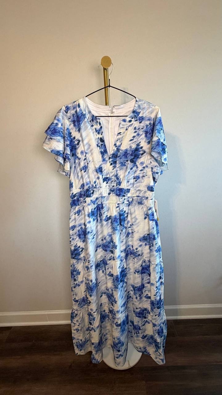 Julia Jordan Printed Ruffle-Sleeve Midi Dress Blue Ivory 8 NWT $139