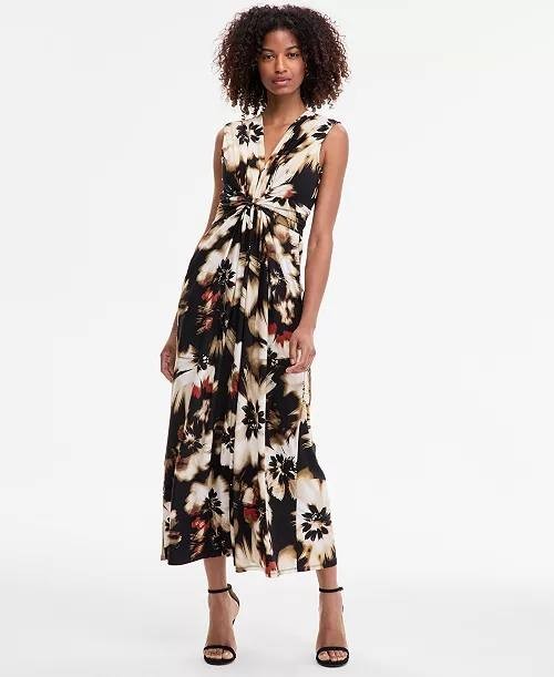Anne Klein Petite Printed Twist-Front Maxi Dress Black Multi PXS NWT $119