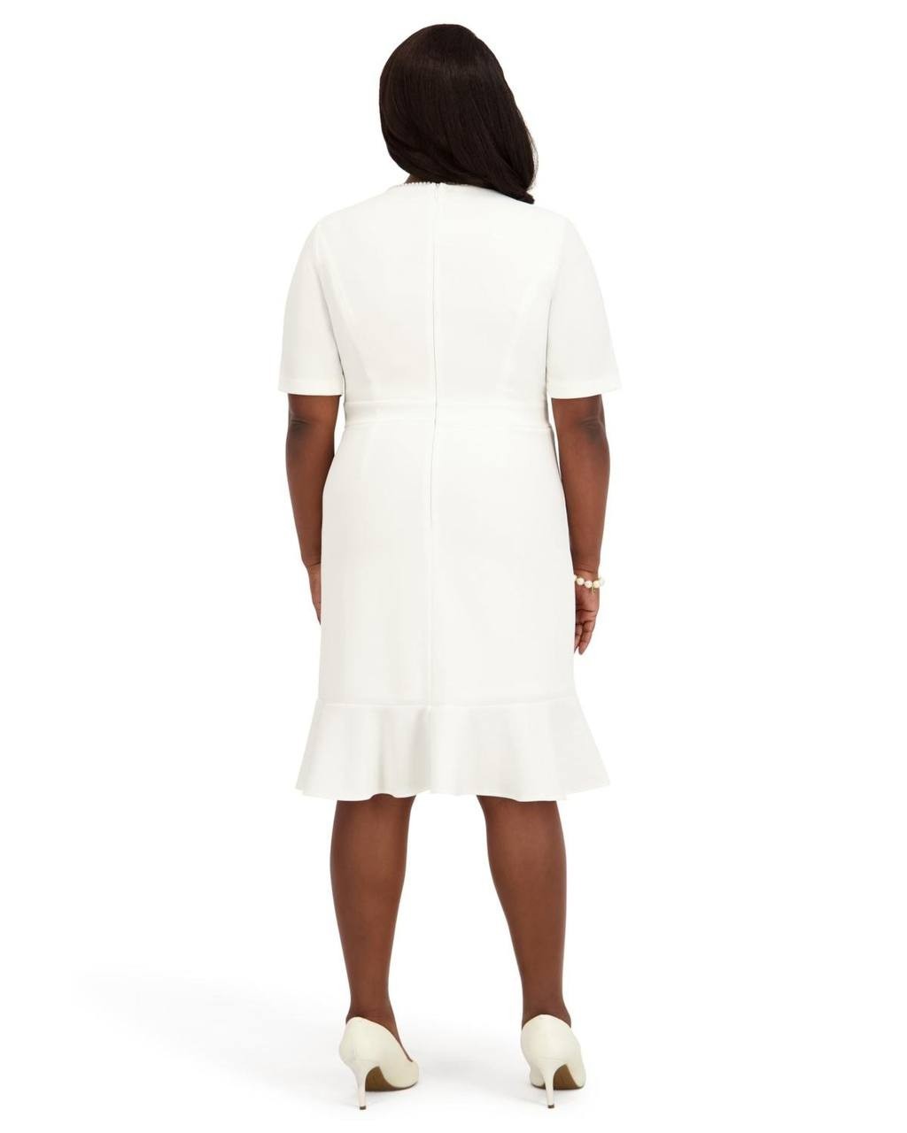 Kasper White Round Neck Knee-Length Ruffle Skirt Dress M NWT $99