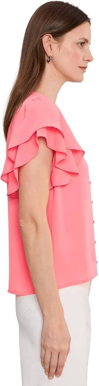 CeCe Women’s Double Flutter Sleeve Shirred Shoulder Top Coral Bloom L NWT $69