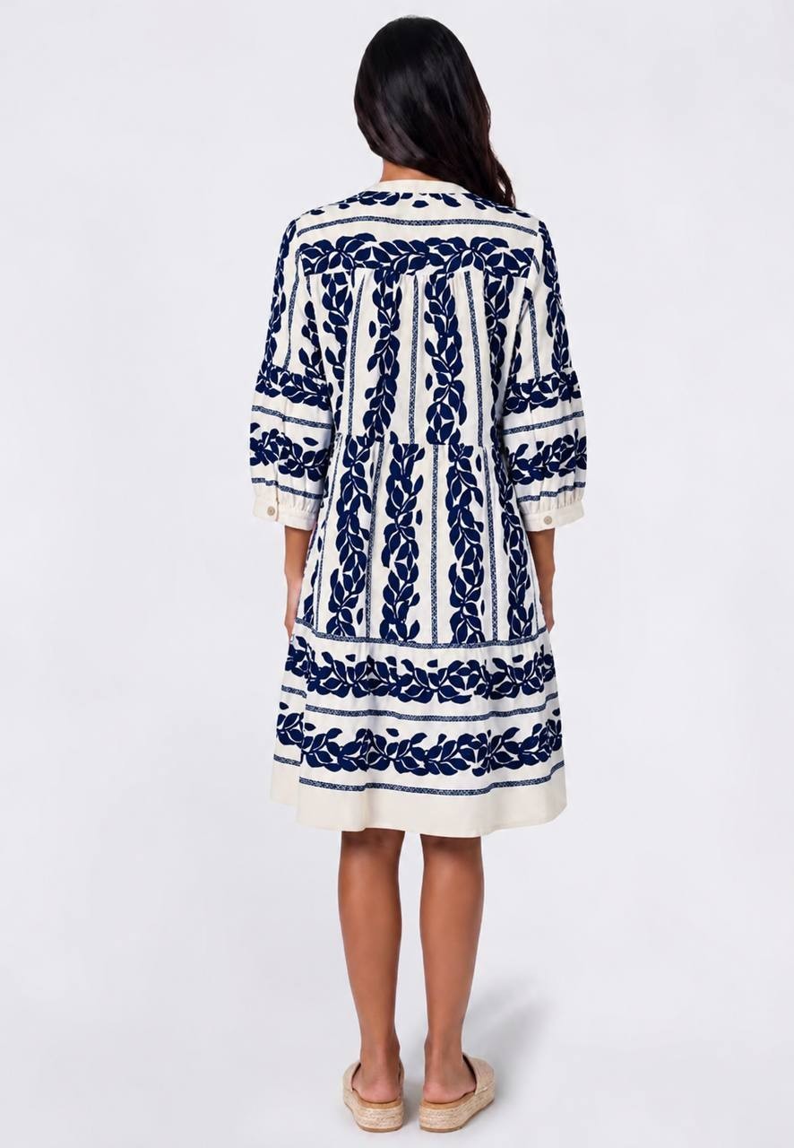 Figueroa & Flower 3/4 Sleeve Tier Babydoll A-Line Dress White/Navy L NWT $60