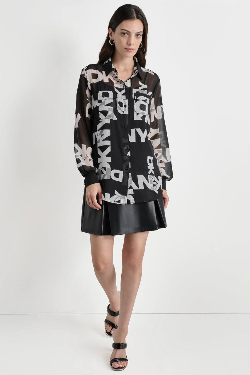 DKNY Foundation  Logo Print Blouse  Modern  Black  Size M  NWT  msrp $89