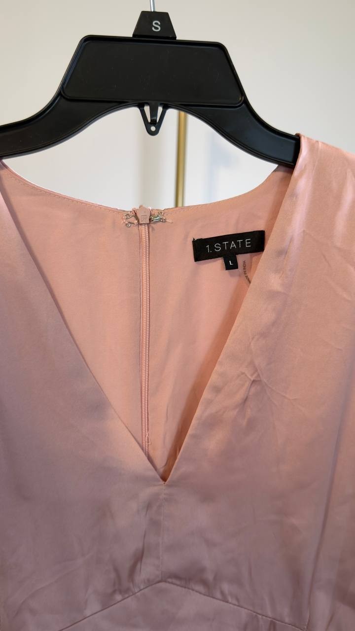 1.STATE Bubble Sleeve V‑Neck Fit & Flare Dress Light Pink L NWT $89