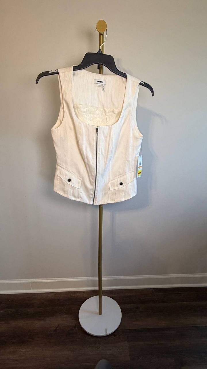 DKNY Weathered Zip‑Up Vest Coconut Beige S NWT $99