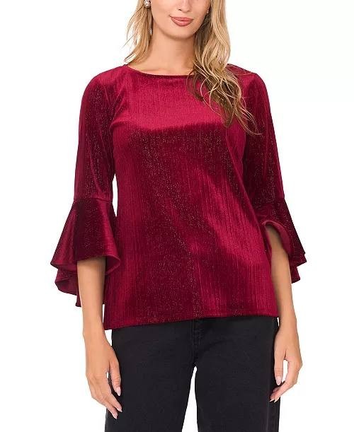 Sam & Jess Women’s Velvet Crewneck Bell 3/4‑Sleeve Blouse Maroon S NWT $59