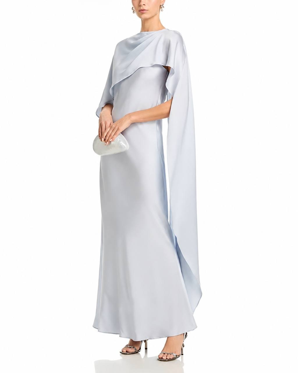 SIMKHAI Women’s Izel Satin Cape Gown Silver 6 Pre‑Owned w/ Tag $398