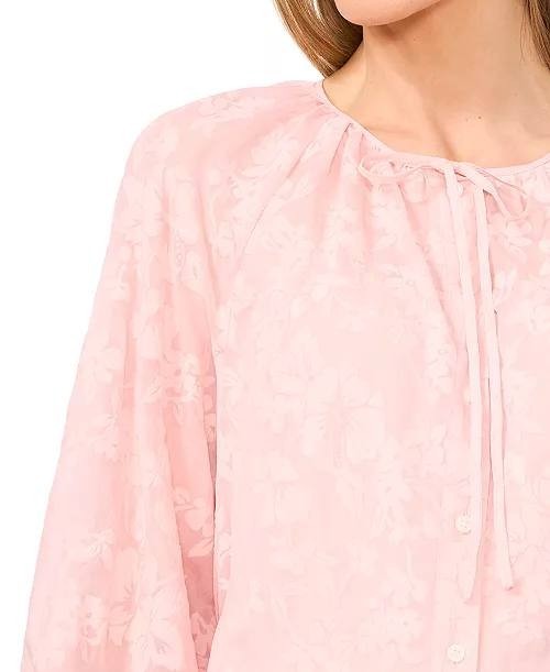 CeCe Blouse L Sugar Peach Floral Lace Puff Sleeve Button Front Feminine NWT