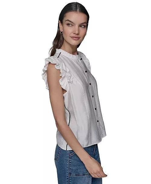 KARL LAGERFELD PARIS Ruffled-Sleeve Button-Front Blouse White Size L 2663